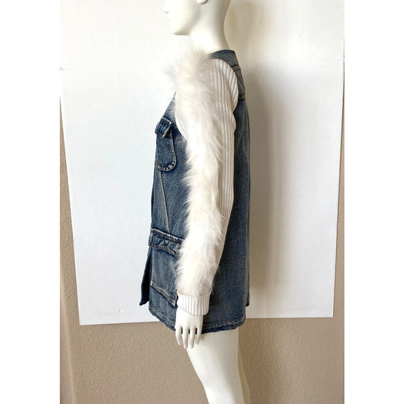 Womens Denim Top or Jacket w Rabbit Fur Knit Ribbed Sleeves Snap Down S Sz 4 - Picture 5 of 10